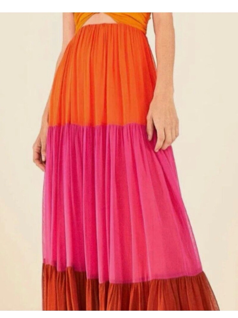 Farm Rio Women's Macaw Scarf Warm Color Blocking Maxi Dress - Picture 6 of 8